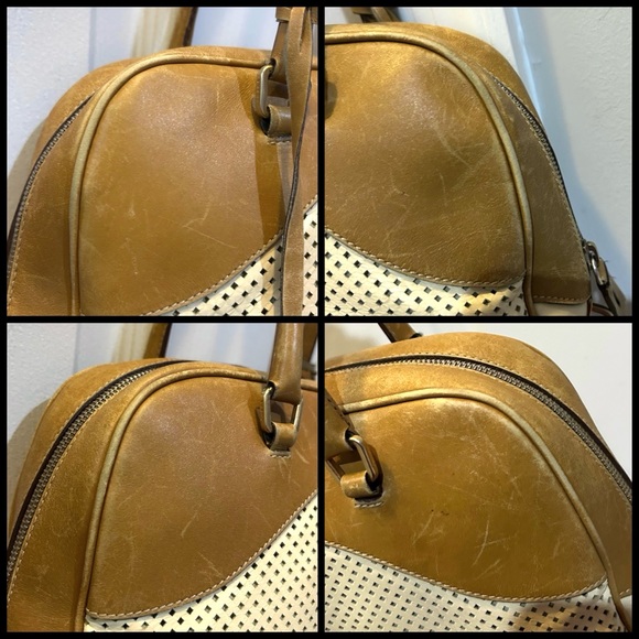 Prada Vitello Drive Bowling Bag Perforated Cream Tan Leather Bag - Picture 14 of 16